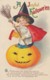 Clapsaddle Artist Signed Halloween Greeting Girl Witch Stands In Pumpkin With Broom C1900s/10s Vintage Embossed Postcard - Halloween