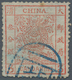 China: 1883, Large Dragon Thick Paper 3 Ca. Red, Canc. Part Strike Blue Seal Of "Pe(king)", Variety - Autres & Non Classés