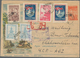 Korea-Nord: 1956, Illustrated Stationery Envelope 20 W. Monument Uprated 7 Stamps Total 135 W. Canc. - Korea, North