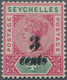 Seychellen: 1893 QV 3c. On 4c. Carmine & Green, Variety "OVERPRINT DOUBLE", Mint Lightly Hinged, Fre - Seychelles (...-1976)