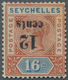 Seychellen: 1893 QV 12c. On 16c. Chestnut & Blue, Variety "OVERPRINT INVERTED", Mounted Mint, Fine. - Seychellen (...-1976)