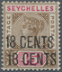 Seychellen: 1896 QV 18c. On 45c. Brown & Carmine, Variety "OVERPRINT DOUBLE", Mint Lightly Hinged, F - Seychelles (...-1976)