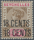 Seychellen: 1896 QV 18c. On 45c. Brown & Carmine, Variety "OVERPRINT DOUBLE", Mint Lightly Hinged, F - Seychellen (...-1976)