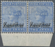 Zanzibar: 1895-96 2a. Blue Bottom Marginal Horizontal Pair Showing Variety "OVERPRINT DOUBLE", Mount - Zanzibar (...-1963)