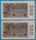 DEUTSCHES REICH 2x 500 Millionen Mark  	01.09.1923	# NF-4  034972+973    P# 110f - 500 Miljoen Mark