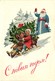 Santa Claus In Blue Coat With Children On A Sled, Christmas, Old Russian Postcard - Santa Claus