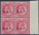 Indien - Indische Polizeitruppen: India, C.E.F., 1905/11, 1 Anna Carmine, A Marginal Block Of 4, Var - Militaire Vrijstelling Van Portkosten