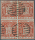 Spanien: 1854, 2 Rs. Red, Block Of Four, Horizontal Fold. Cancelled With Grid-postmark. ÷ 1854, 6 Cu - Briefe U. Dokumente