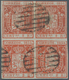 Spanien: 1854, 2 Rs. Red, Block Of Four, Horizontal Fold. Cancelled With Grid-postmark. ÷ 1854, 6 Cu - Brieven En Documenten