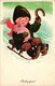 Pigs, Boy With A Little Pig On A Sled, New Year, Old Postcard - Pigs