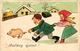 Pigs, Boy And Girl Chasing A Little Pig, New Year, Old Postcard - Pigs