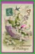 CPA Gaufré - Fleur Brin De Muguet Dans Un Parapluie Violet Hirondelle Souvenir De Printemps - Oblitéré  1912 - Fleurs