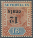 Seychellen: 1893 QV 12c. On 16c. Chestnut & Blue, Variety "OVERPRINT INVERTED", Mounted Mint, Fine. - Seychelles (...-1976)