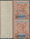 Seychellen: 1901 QV 3c. On 16c. Chestnut & Ultramarine, Left-hand Marginal Pair With Overprint Varie - Seychellen (...-1976)