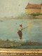 Delcampe - Tableau Peinture Paysage Lacustre Avec Pêcheur Signé R. Antoine - Huiles