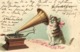 Illustrateur Petit Chat Noeud Rose Devant Un Gramophone Gauffrée RV - Gatos