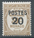 MONACO 1937 - YT N°143 - 20 C. Sur 30 C. Bistre - Timbres Taxe De 1924-32 Surchargés - Neuf** - TTB Etat - Unused Stamps