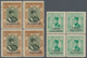 Iran: 1935, "POSTES IRANIENNES" Overprinted Two Blocks Of Four 30 D. Green And 6 Ch. Green & Brown, - Iran