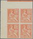 Frankreich: 1900, Mouchon I 15c. Orange IMPERFORATED Block Of Four From Upper Left Corner On Thin Un - Ungebraucht