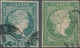 Spanien: 1856, Isabella Watermark Crossed Lines, 2 R. Green (matasello Fechador) And 4 R.greenishblu - Gebraucht