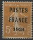 N° 33 Cote 200 € 5ct Orange Surchargé "POSTES / PARIS / 1921" Signé J.F. BRUN. Voir Description - 1893-1947