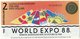 AUSTRALIA-WORLD EXPO 88-2 DOLLARS 1988 FANTASY ISSUE -AUS-01 UNC - Altri & Non Classificati