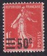 FRANCE 1926-27 - Y.T. N°225 - 50 C. Sur 1 F. 05 Vermillon - Type Semeuse Lignée - Neuf** - TTB Etat - 1903-60 Semeuse A Righe