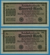 DEUTSCHES REICH 2x  1000 Mark Code MK 	15.09.1922	# Ha 629955+956 P# 76h	" Cons. Nbr" - 1000 Mark