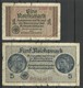Germany Deutschland Occupation Territories Bank Notes 1 Reichsmark & 5 Reichsmark - 2° Guerre Mondiale