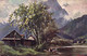 Illustrateur Signé Paysage Chalet Bord De Lac Arbre  Montagne Personnage Barque RV - Malerei & Gemälde