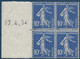 France Semeuse 10c Outremer N°279 ** Bloc De 4 Daté à Gauche En Marge Provenant De Feuille De Roulette Signé Calves - Coil Stamps