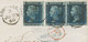GB 1860 QV TWO PENCE Blue Pl.8 (3x, MA, SD, SE) Extremely Rare Multiple Postage - Lettres & Documents