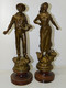 Delcampe - 2 ANCIENS SUJETS STATUETTES REGULE VERNIS SOCLE BOIS HOMME A LA PIPE & FEMME AU PANIER COLLECTION DECO - Sonstige & Ohne Zuordnung