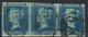 GB 1841 SG N. 14 - PENNY BLUE Rara Striscia Di 3,  Lettere JF, JG, GH, Grandi Margini, Usata Firma E. Diena - Oblitérés