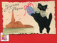 Jolie Carte Composition Amateur Peinture Collage Feutrine Chat Noir Oeuf Pâques église écrite Worms Ligny  Barrois 1926 - Pasen