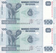 PAREJA CORRELATIVA DE EL CONGO DE 100 FRANCS DEL AÑO 2013 SIN CIRCULAR (ELEFANTE-ELEPHANT)(BANK NOTE) UNCIRCULATED - República Del Congo (Congo Brazzaville)