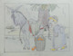 DESSIN ORIGINAL G REUZE ALBUM A COLORIE LINE ET PAT Calque Mine De Plomb Crayons De Couleurs CALQUE TRANSPORT DES MOUTON - Platten Und Echtzeichnungen