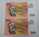 Australia - Australie - Lot 2 * 20 Dollari XF Consecutive Numbers - P.46e ! - 1974-94 Australia Reserve Bank (paper Notes)