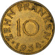 Monnaie, SAARLAND, 10 Franken, 1954, Paris, TTB+, Aluminum-Bronze, KM:1 - 10 Francos