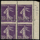 ** FRANCE - Poste - 142, Bloc De 4, Cdf, Piquage Horizontal Très Déplacé (dans Les Chiffres): 35c. Semeuse Violet (Spink - Unused Stamps