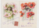 2 Cartes Fantaisie Gaufrées / Fillettes , Fleurs  Géantes ( Coquelicot , Rose Trémière ?) - Sonstige & Ohne Zuordnung