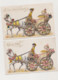 2 Cartes Fantaisie Gaufrées /Jeune Femme à L'éventail  Dans Un Carrosse Rempli De Fleurs Tiré Par Un Cheval Blanc - Other & Unclassified