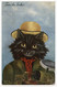 Illustrateur Barnès Oilette.chat Noir Habillé En Costume Cravate Et Chapeau Melon. - Gekleidete Tiere