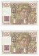 2 Billets 100 F Paysan Du 3-4-1952 FAY 28.32 Alph. K.446 N° Suivis P/SPL - 100 F 1945-1954 ''Jeune Paysan''