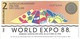 AUSTRALIE - World Expo 2 Dollars 1988 - UNC - 2005-... (polymère)
