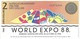 AUSTRALIE - World Expo 2 Dollars 1988 - UNC - 2005-... (Polymer)