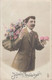 Joyeux Anniversaire Fantaisie - Homme Avec Panier De Fleurs - écrite En 1919 - Anniversaire