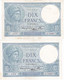 RARE ! DEUX BILLETS MINERVE Avec Numéros Consécutifs  ( 21 Septembre 1939 - N° 156 Et 157 - G. 72697) - 10 F 1916-1942 ''Minerve''