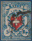 Postes Fédérales RAYON I N°21 5c Bleu Fonçé Croix Encadrée D'1 Filet Bleu Partiel Obl Rosette Superbe Signé ROUMET - 1843-1852 Poste Federali E Cantonali
