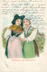 Fantaisie Folklore Costume Alsace Alsacienne Elsässerin Et Lorraine Lothringerin Nœud Bonnet Cathédrale Belle Litho 1899 - Personen